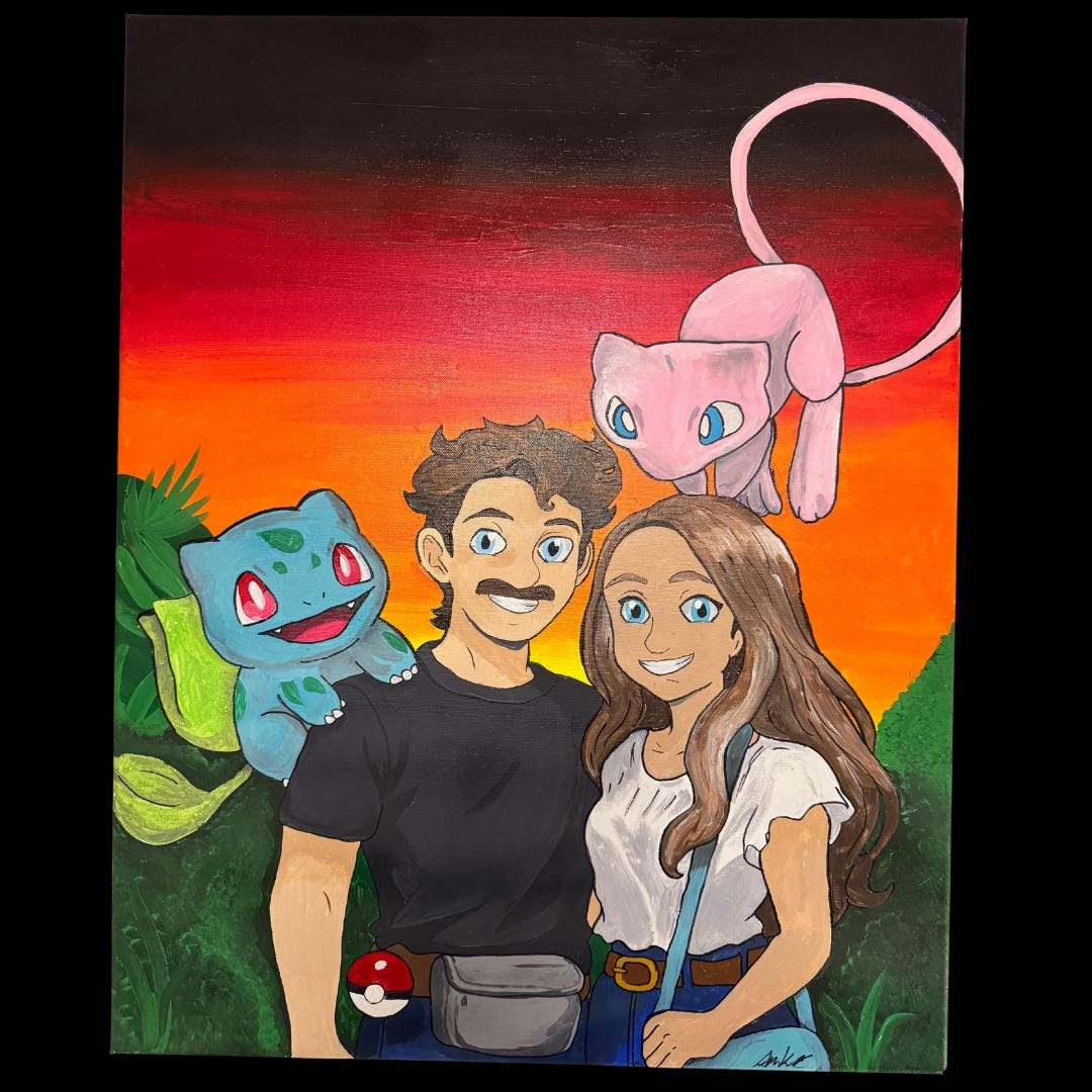 Custom Pokemon Couple Portrait Hand Painted Canvas Pikachu Trainer Art Anniversary Gift Fathers Day Gift Personalized Pokemon Painting
