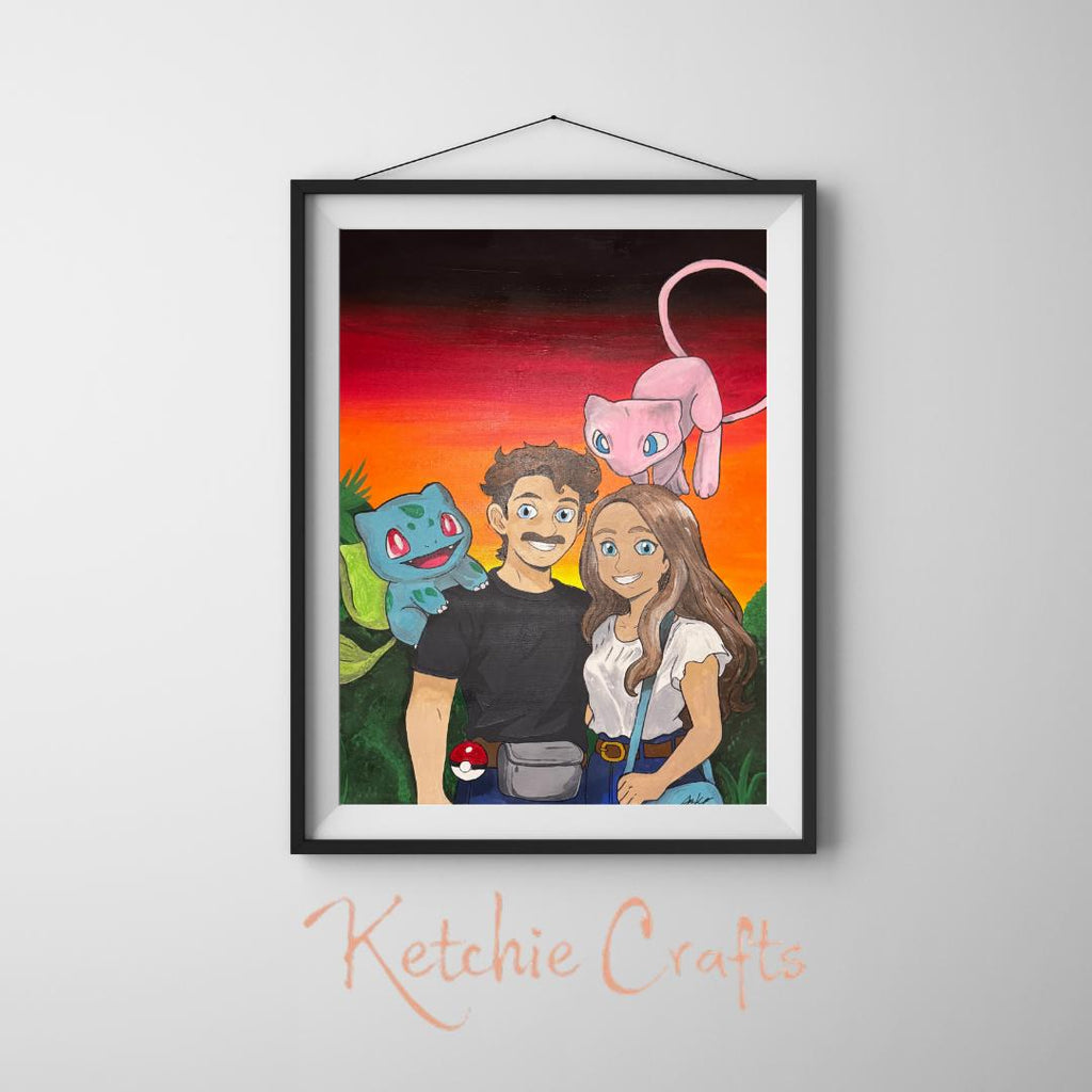 Custom Pokemon Couple Portrait Hand Painted Canvas Pikachu Trainer Art Anniversary Gift Fathers Day Gift Personalized Pokemon Painting