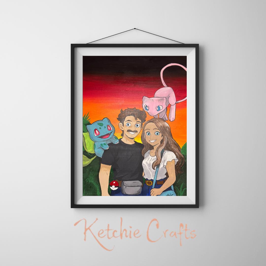 Custom Pokemon Couple Portrait Hand Painted Canvas Pikachu Trainer Art Anniversary Gift Fathers Day Gift Personalized Pokemon Painting