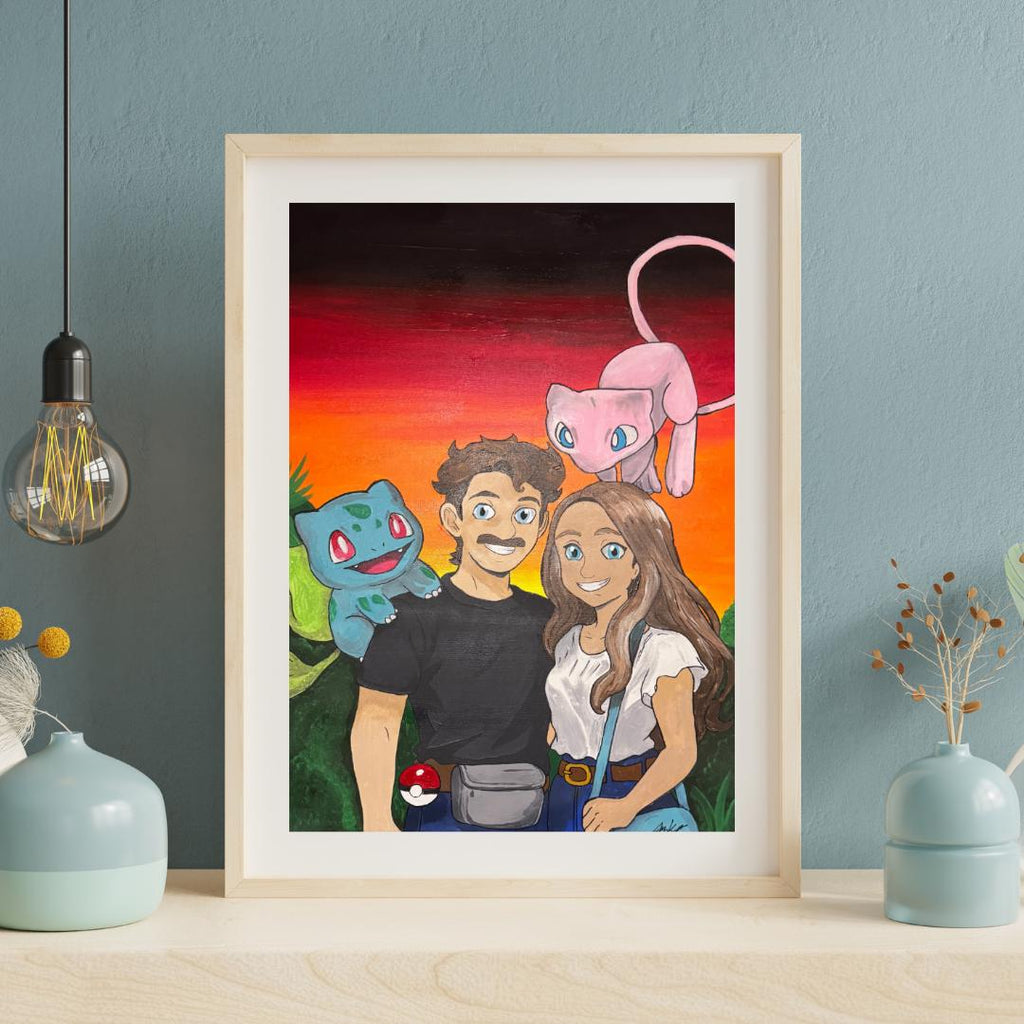 Custom Pokemon Couple Portrait Hand Painted Canvas Pikachu Trainer Art Anniversary Gift Fathers Day Gift Personalized Pokemon Painting
