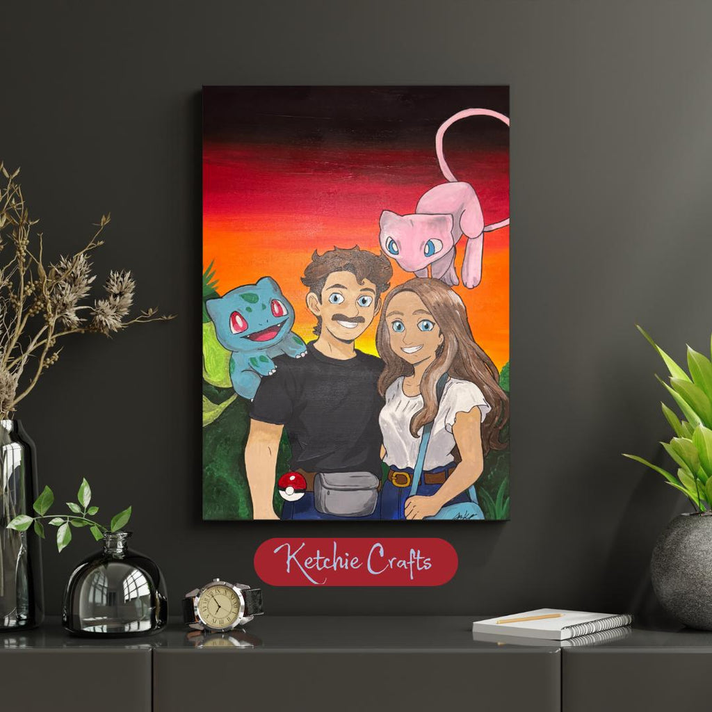 Custom Couple Portrait with Your Favorite Characters Hand Painted Pokemon Disney Style Anniversary Gift Personalized Canvas Painting