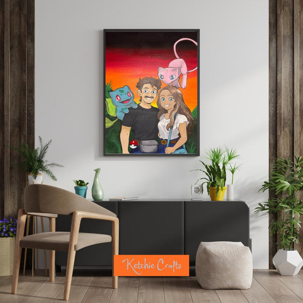 Custom Pokemon Couple Portrait Hand Painted Canvas Pikachu Trainer Art Anniversary Gift Fathers Day Gift Personalized Pokemon Painting